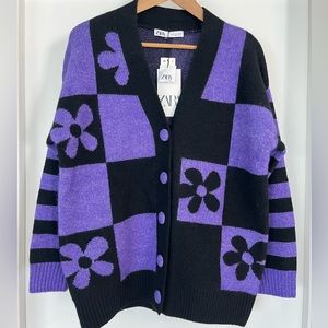 NWT Zara Purple/Black Knit Jacquard Daisy Cardigan Size Small